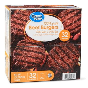 Great Value 100% Pure Beef Burgers, 75% Lean/25% Fat, 8 lbs, 32 Count