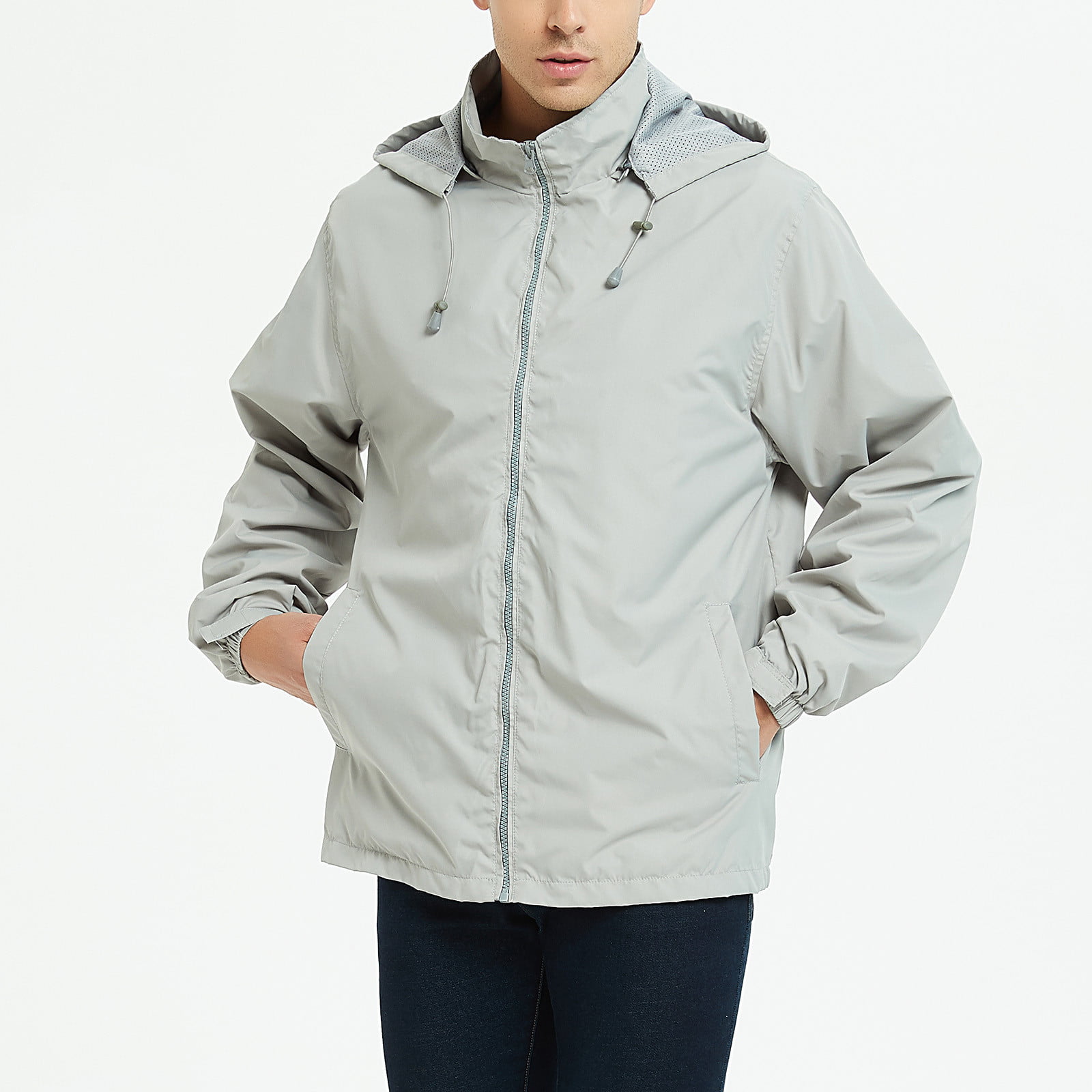 HAPIMO Sales Men's Windbreaker Jacket Thin Section Zipper Hooded Windproof  Waterproof Cold Jacket Fall Winter Rushing Jacket with Pocket Gray S 