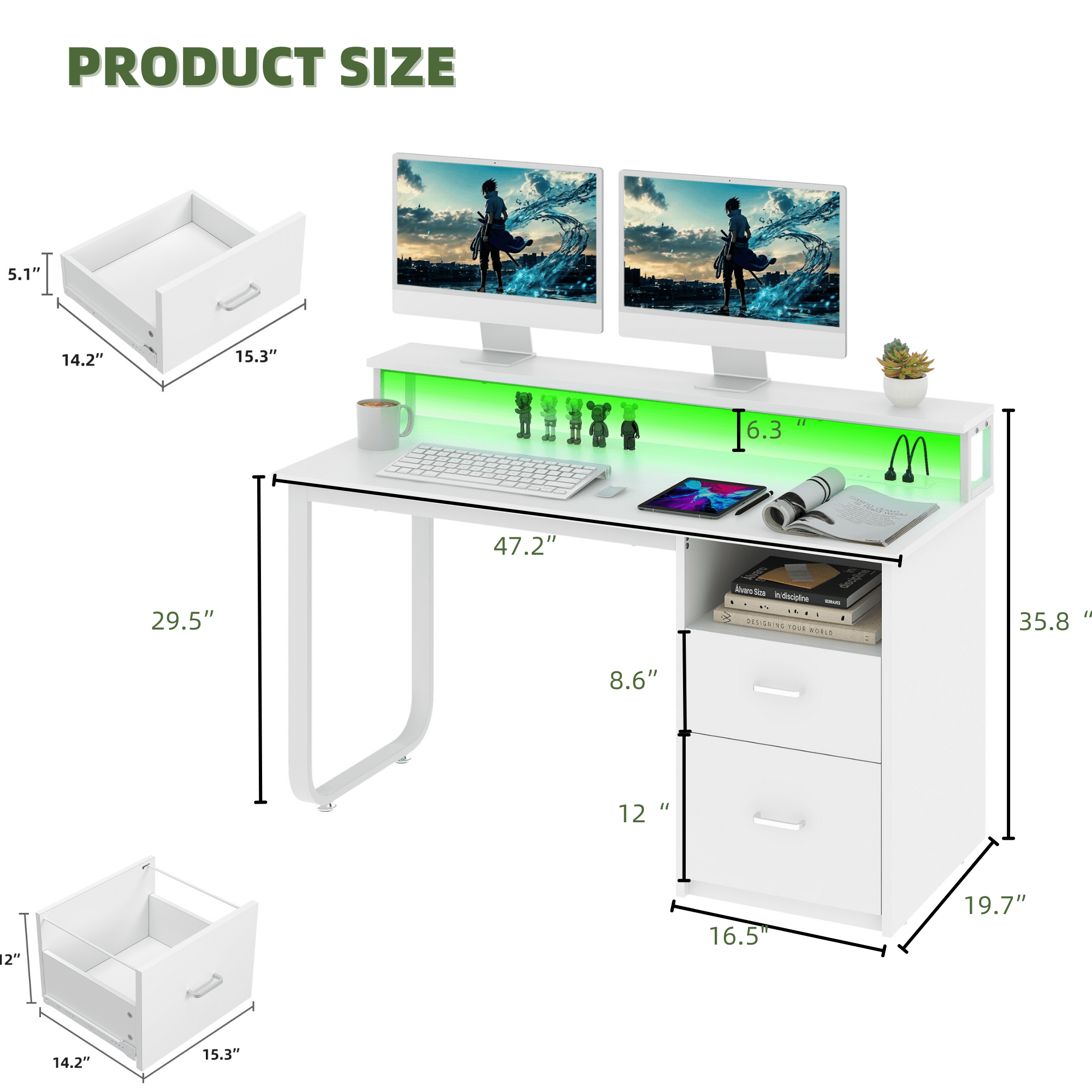 Uforic Computer Desk With LED Light & 2 Drawers, 47" Modern Office Desk for Home Office, White