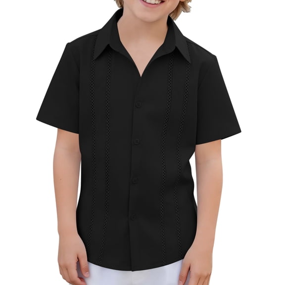 Boys Cotton Linen Blouse Short Sleeve Button Down Dress Shirts Lace Trim Casual Summer Collared Tops for 4-14 Years