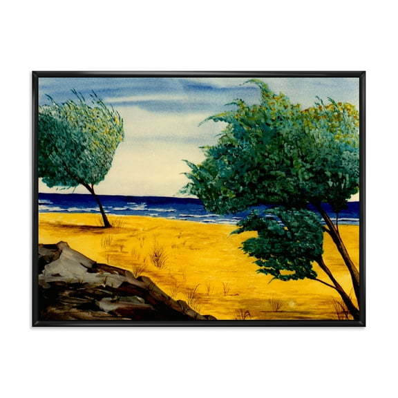 Designart 'Blue Beach By The Coastline' Nautical & Coastal Framed Canvas Wall Art Print