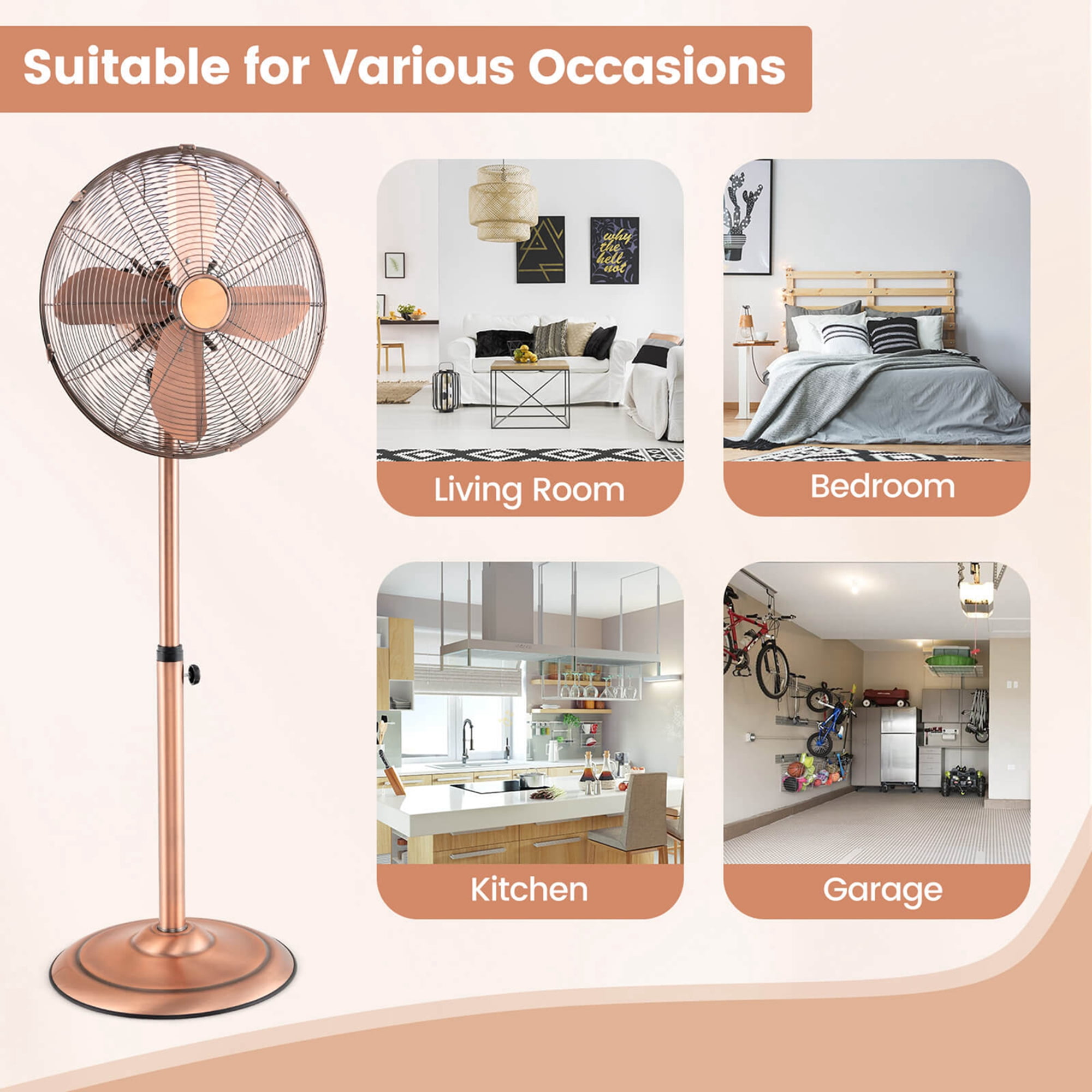 Costway 16" Standing Pedestal Fan with 3 Speed Settings Carrying Handle Aluminum Blades Copper