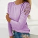 thumbnail image 2 of Gibobby Playera De Algodón Camiseta de manga larga con cuello redondo y costuras huecas de color liso para mujer（Morado， L), 2 of 5