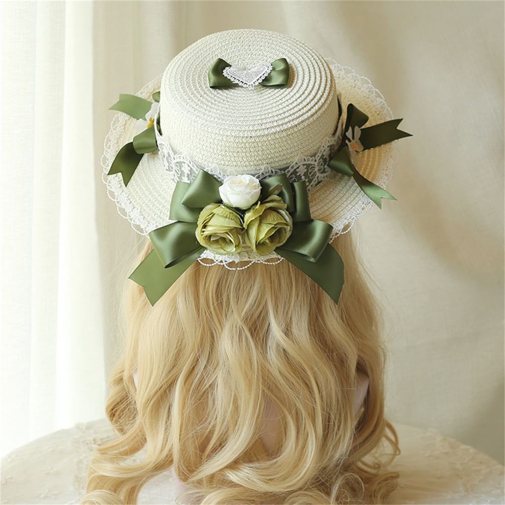 lanema Lace Flower Sun Protective Hat for Girls French-Style Bonnet Sweet WovenStraw Cap Wide Brimmed Hat Summer Headdress