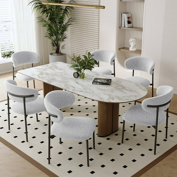 Hawsaiy Modern Upholstered Dining Chairs Set of 6, Teddy Plush Cushioned Side Chairs with Curved Back & Black Metal Legs for Dining Room Living Room Bedroom, Gray