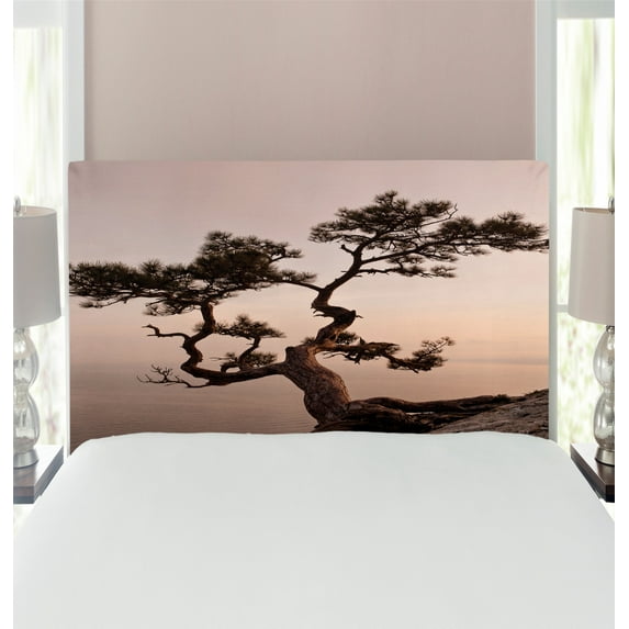 Tree Headboard, Lonely Juniper Tree on Seaside Cliff Full Moon at Sunset Nature Theme Art Print, Upholstered Decorative Metal Bed Headboard with Memory Foam, Twin Size, Brown Grey, by Ambesonne
