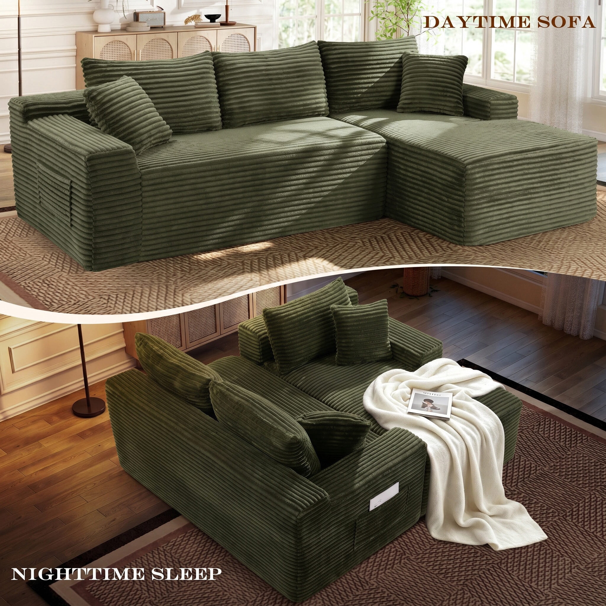 Lunale Small Modular Sectional Sofa with Movable Chaise, L-Shaped Boneless Cloud Couch for Living Room, Green (Right Facing Chaise)