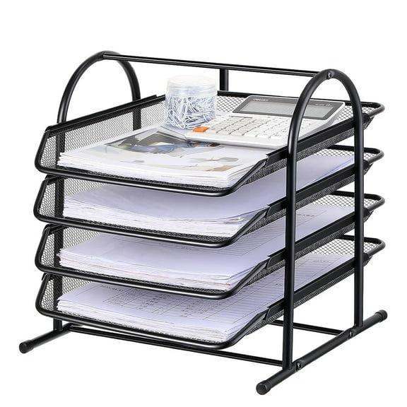 KABB Paper Organizers for Desk Mesh Letter File Tray Organizer with 4 Sliding Trays Black Stackable Desktop Document Storage Shelf Rack for Office Home Classroom Documents Paper (Flat)
