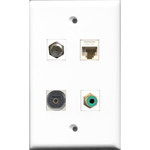 RiteAV 1 Port RCA Green and 1 Port Coax Cable TV- F-Type and 1 Port Toslink and 1 Port Cat6 Ethernet White Wall Plate