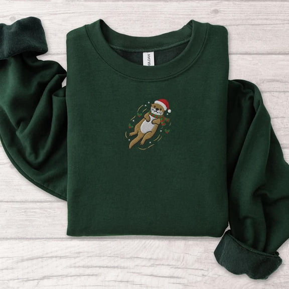 Embroidered Christmas Otter Sweatshirt, Cute Otter with Santa Hat & Scarf Shirt for Otter Lovers, Festive Xmas Hoodie