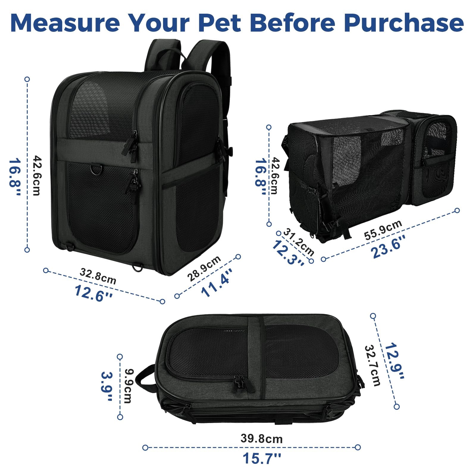 Expandable Pet Carrier Backpack - Safety Design & Cushioned Back Support for Small/Large Cats Dogs Puppies - Black, Travel Hiking Outdoor