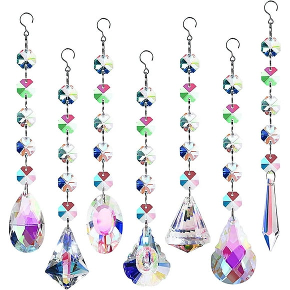 QUETO Lot de 7 attrape-soleil en cristal, suspendus attrape-soleil, chaîne de perles, lustre en forme de boule, lumières suspendues pour Noël, mariage, plantes, voitures, décorations de fenêtre