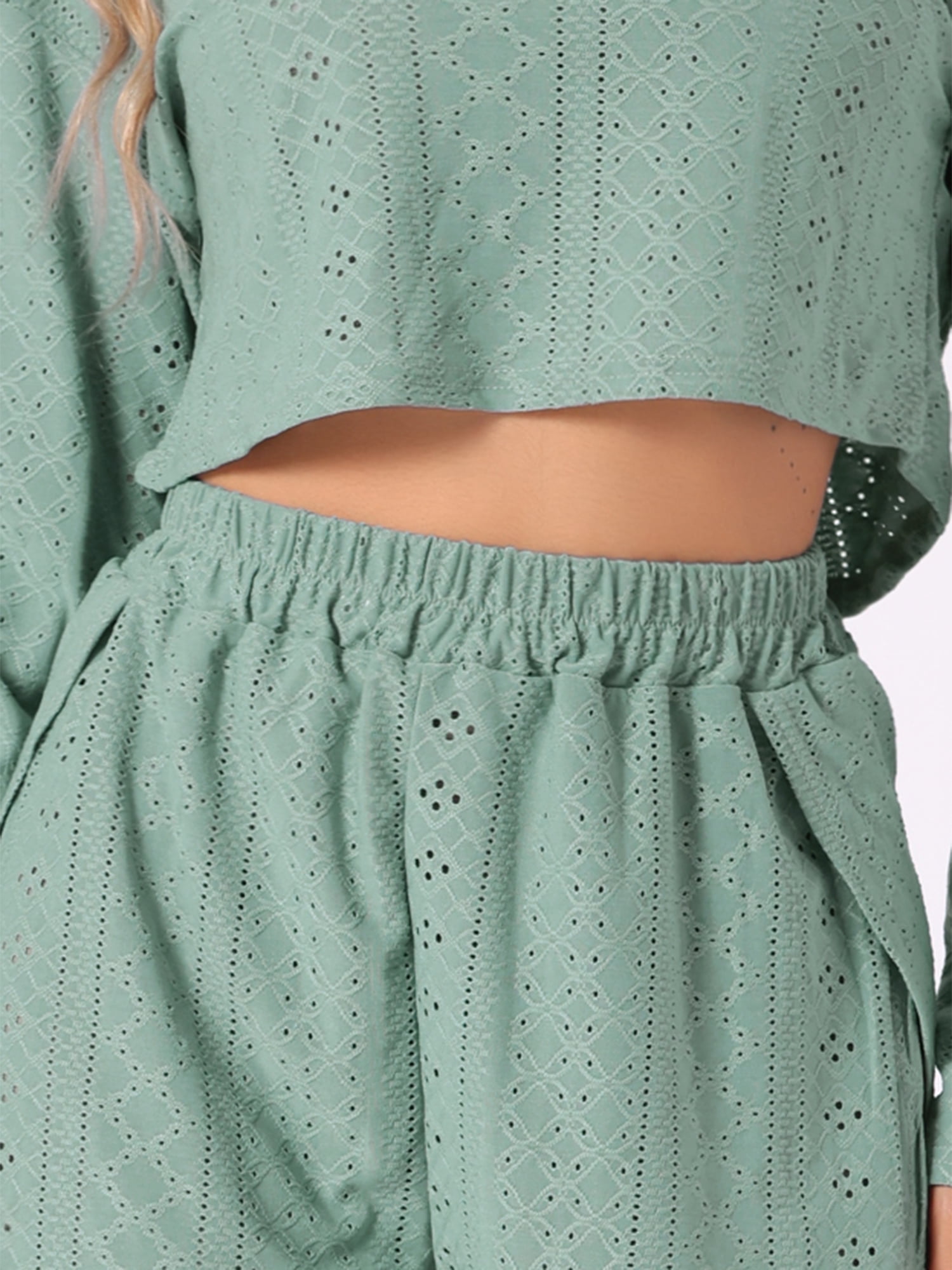 DARING DIVA Women's Hollow Out Tops with Slit Shorts Pajamas Sets S Green