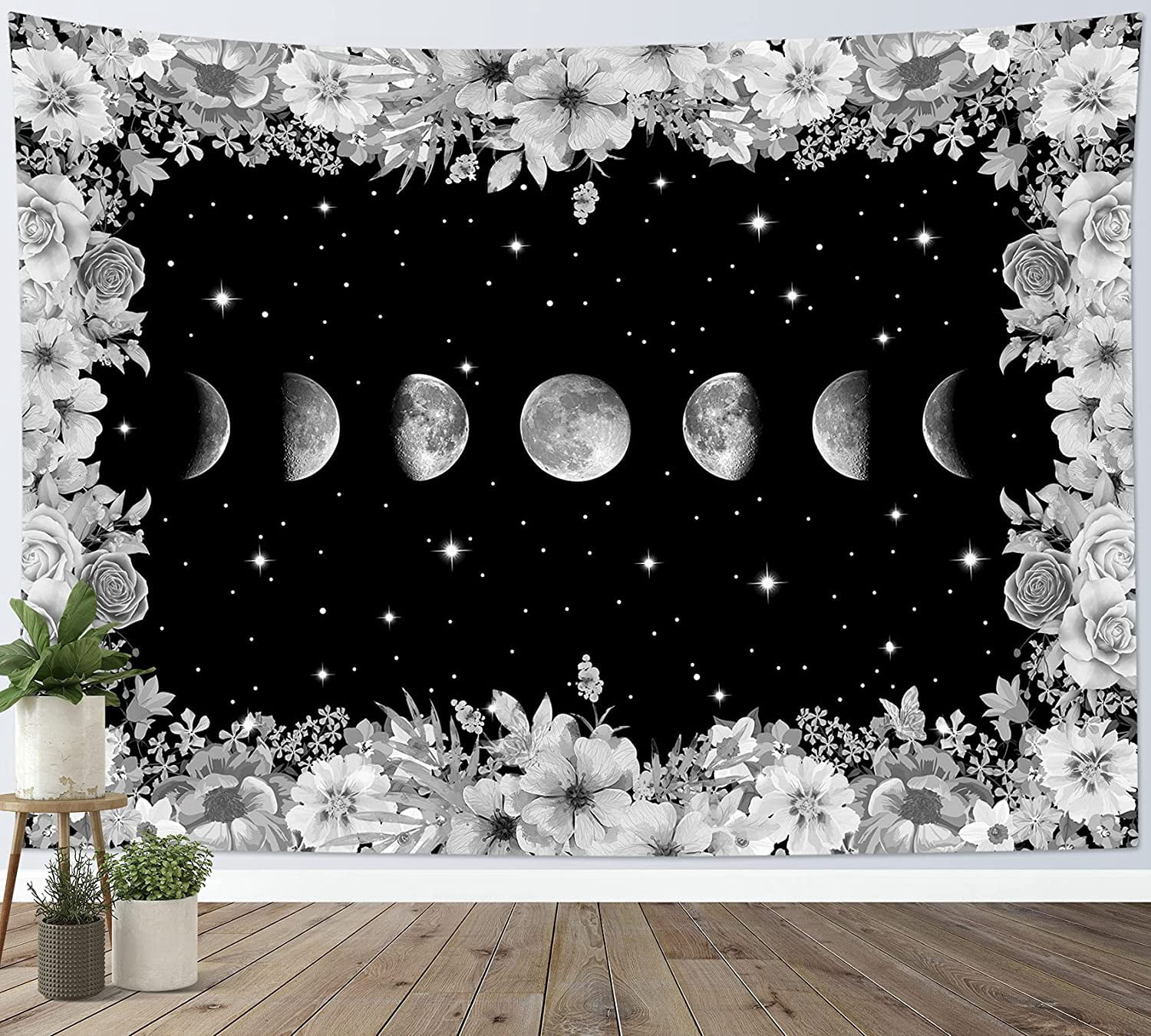Moon Phase Tapestry Aesthetic Floral Tapestry Nature Flower Starry Sky ...