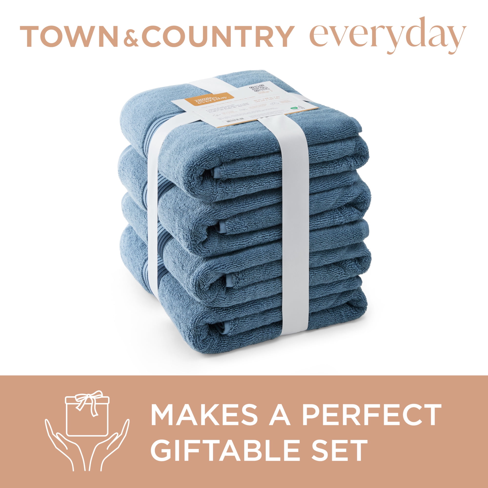 TOWN & COUNTRY EVERYDAY 4-Piece Solid Dobby Border Bath Towel Set, 30"x58", 100% Cotton, Plush & Absorbent 650GSM, Blue