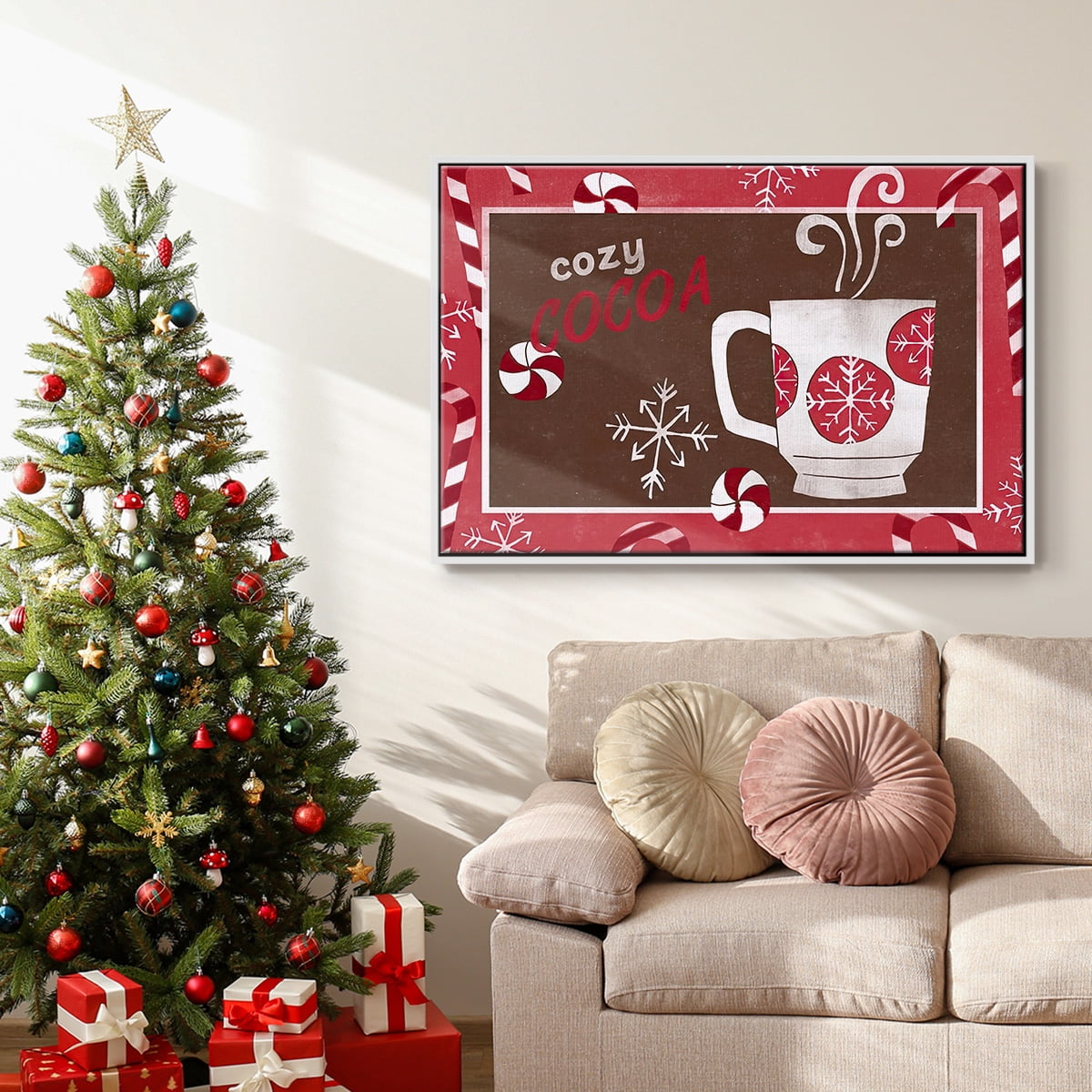 Cozy Cocoa Christmas Collection A - Framed Gallery Wrapped Holiday Canvas - 25 x 37 - White Frame