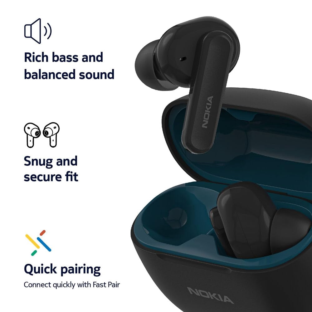 Nokia Go Earbuds2 Pro in Ear Wireless Bluetooth Earbuds with Charging Base, Environmental Noise Cancellation, Google Fast Pair, Low Latency Modes, and IPX4 Water Resistance - Black