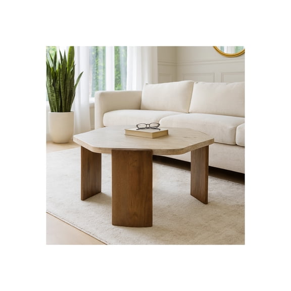 Coffee Table Sleek Octagon Design Stone - Mango Wood Modern Glam Style Home Office Bedroom Living Room Decor - 17" Brown