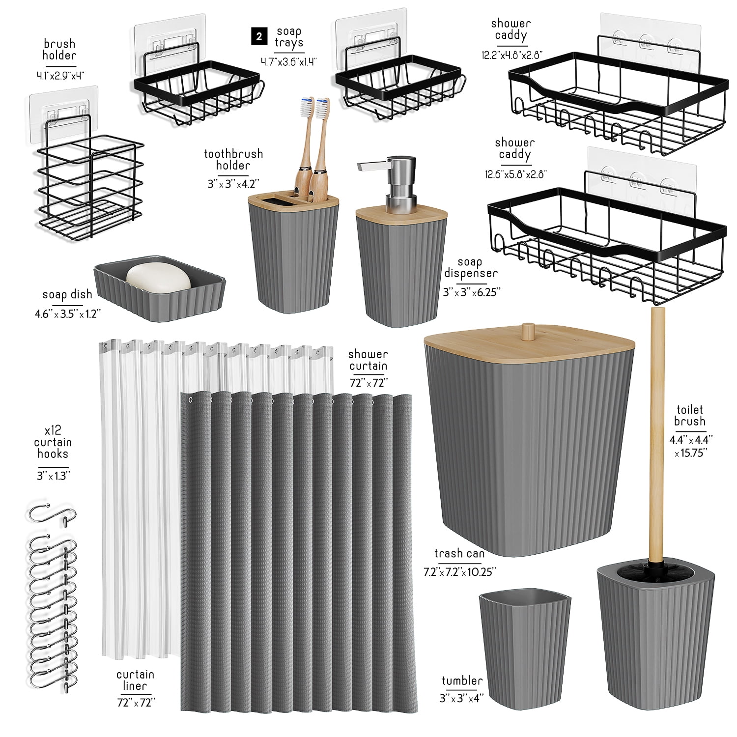 Hearth & Harbor 24 Piece Bamboo Bathroom Sets, Gray Bathroom Accessories Set and Shower Caddy Set