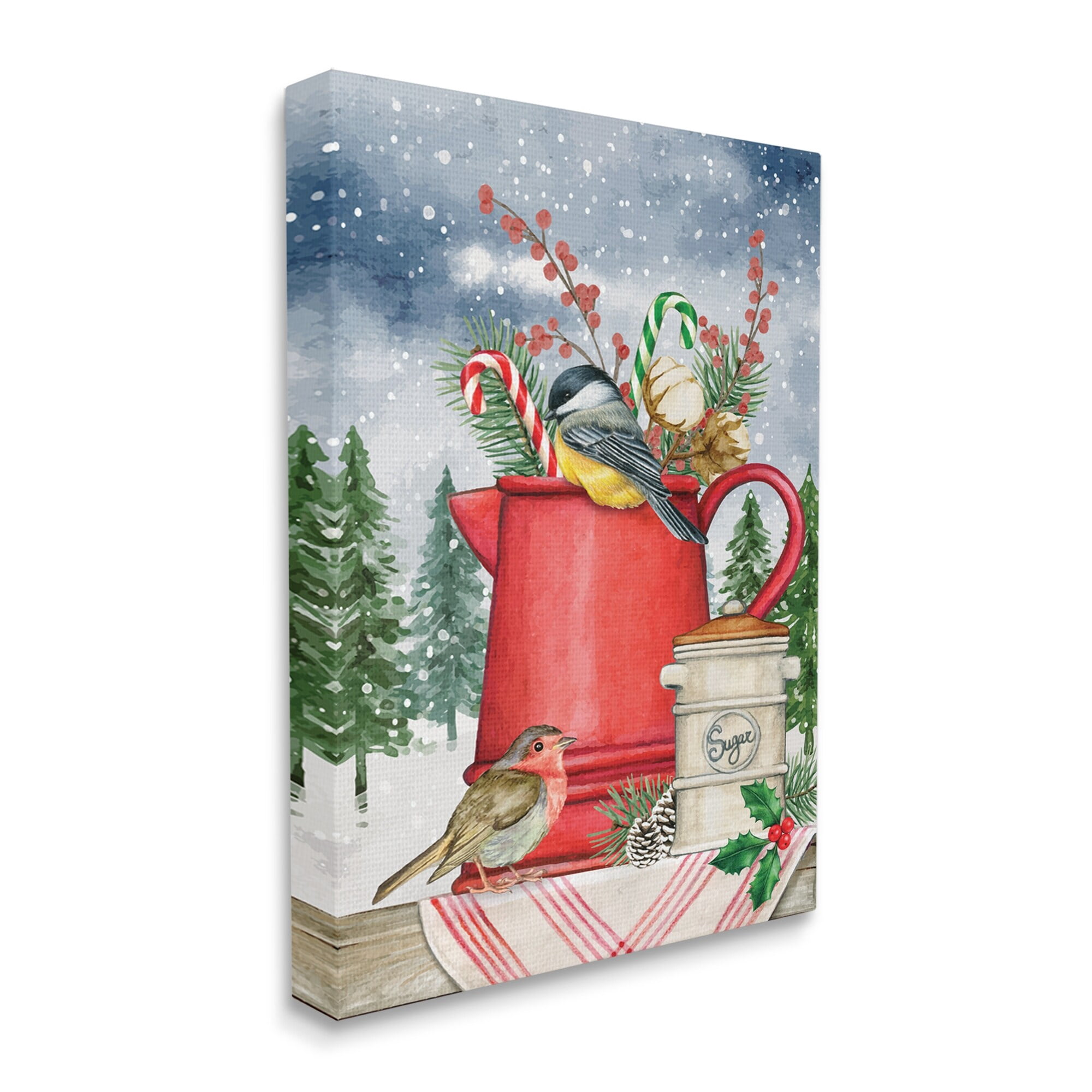 Winter Birds Perched Tea Kettle Holly & Fir Botanicals Botanical & Floral Painting Gallery-Wrapped Canvas Print Wall Art