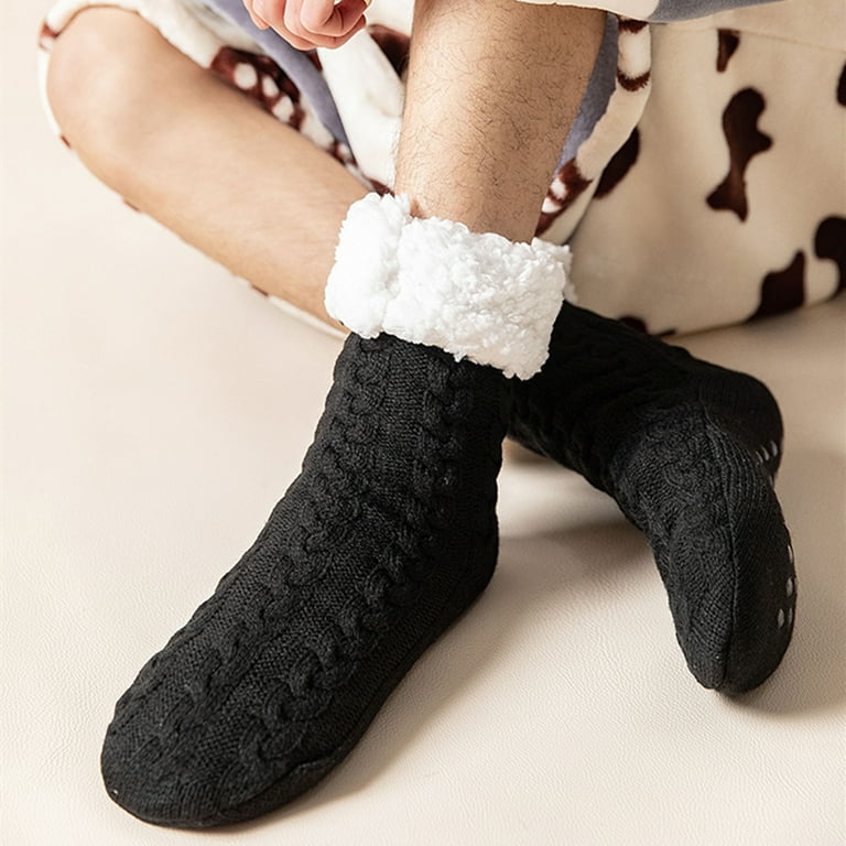 Men's 2 Pair Pack Slipper Socks with Grips Non Slip Soft Fuzzy Cozy Fleece  Lined Cable Knit Socks for Cold Winter