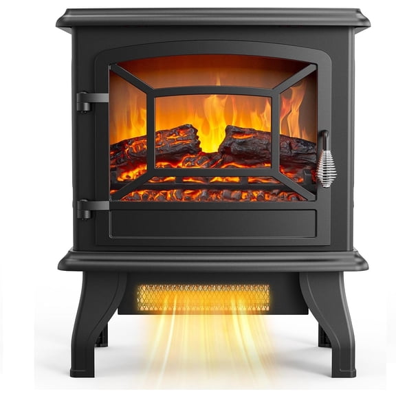Freestanding 17 Inch Black Electric Fireplace Heater, 1400W 120V Portable Stove with Realistic Flame, Manual Rocker Switches & Thermostat Knob for Indoor Seasonal Heating Decor
