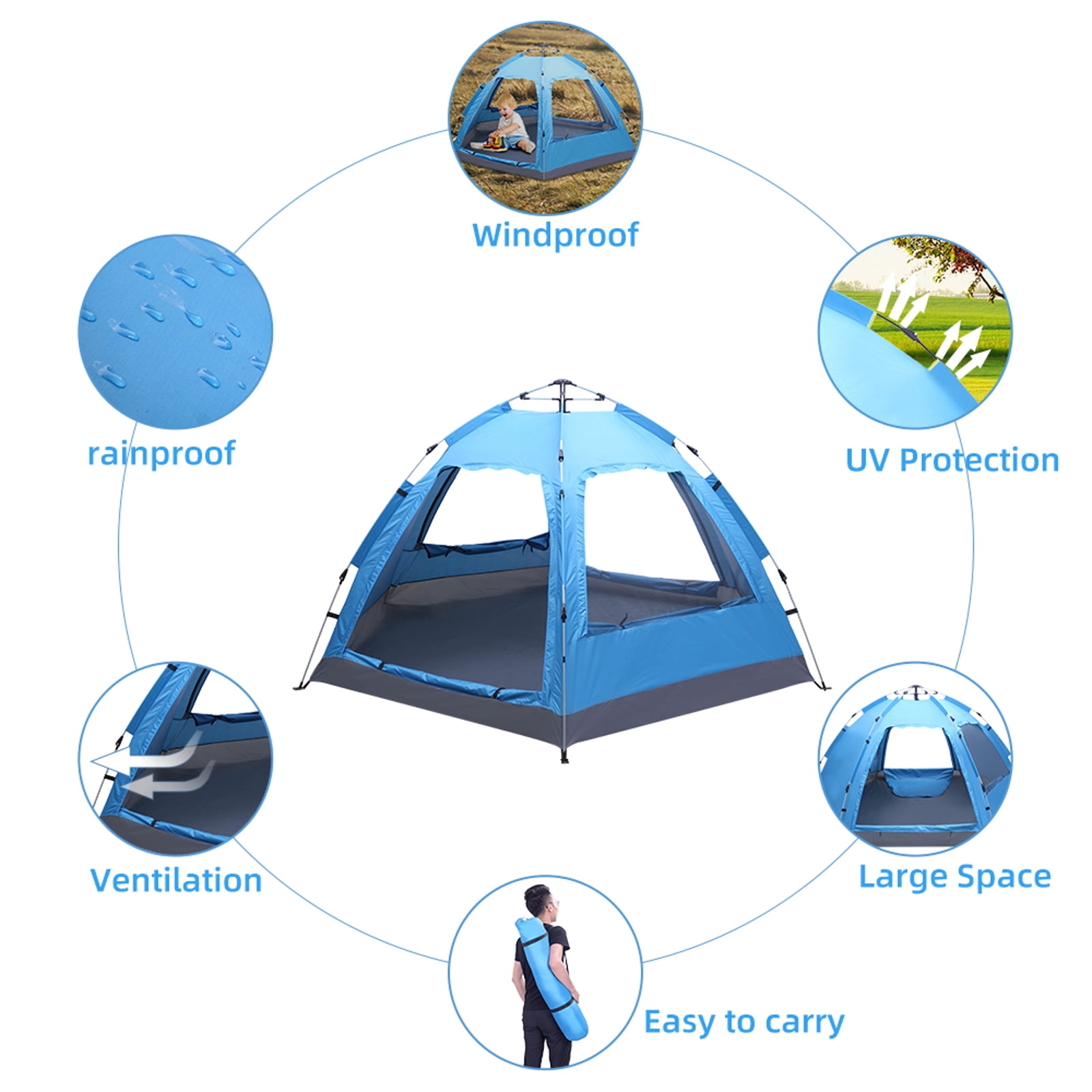 IVV Instant Setup Family Tent for 4–6 People, Waterproof Dome Shelter with Double Doors, Mesh Windows & Carry Bag - Blue