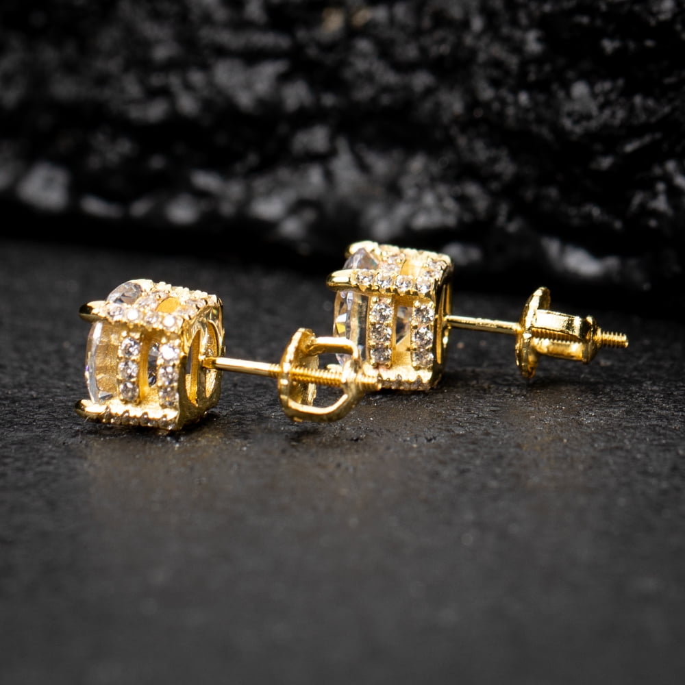 Men Women Classic Yellow Gold Plated 925 Sterling Silver Fully Iced Cz Round Solitaire Stud Earrings Screw Back Stud Circle Earrings 9 Millimeters Unisex Small Earring Studs