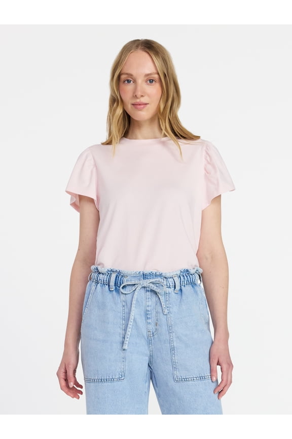 Women's Crewneck Tee with Flutter Sleeves, Sizes XS-XXXL