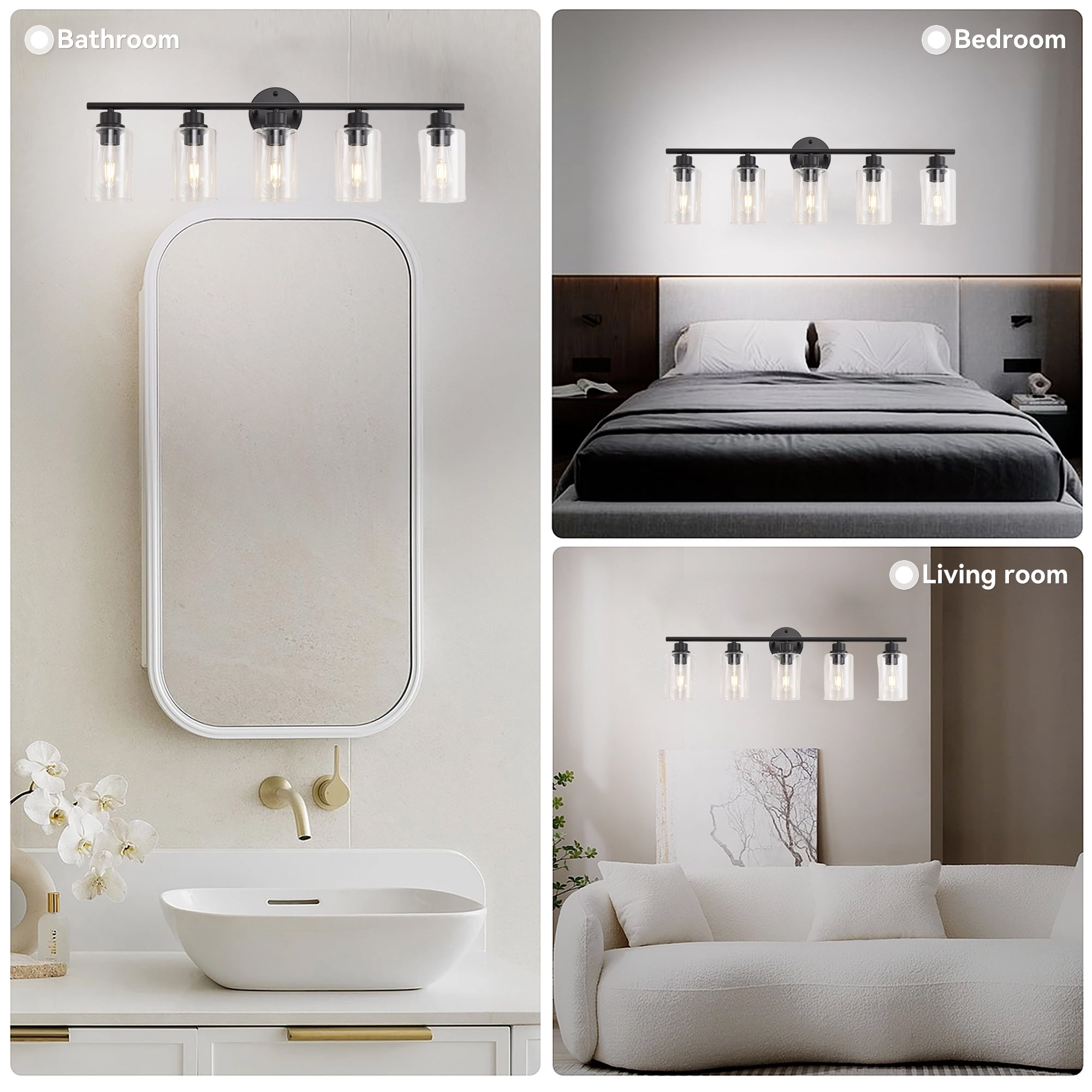 5-Light Modern Vanity Light with Clear Glass Shade - Dimmable Bathroom Black Wall Lamp for Mirror, Kitchen, Hallway