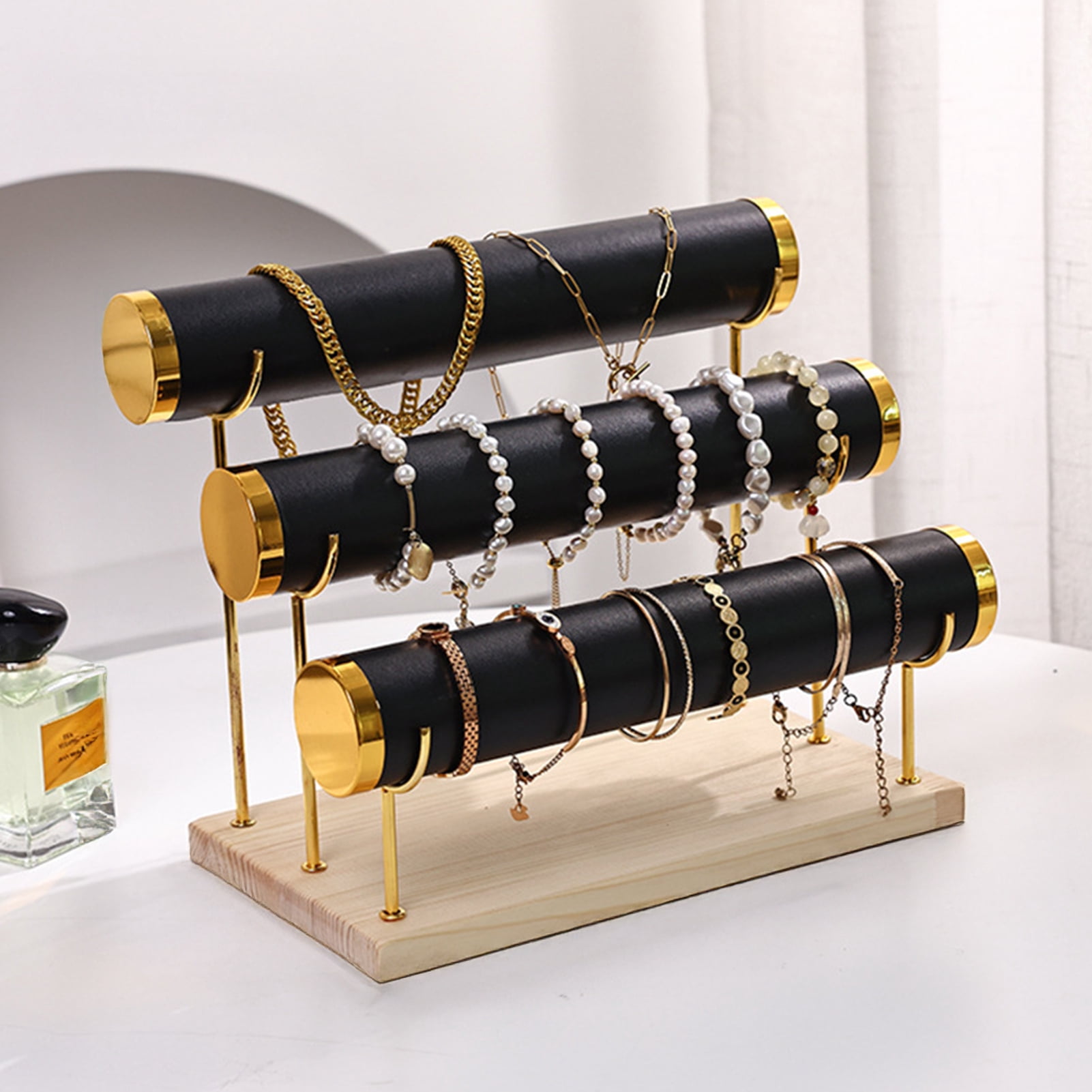 OIUR 3-Layer Jewelry Rack Wooden Bracelet Holder Large Capacity Simple Installation Necklace Jewelry Storage Organizer
