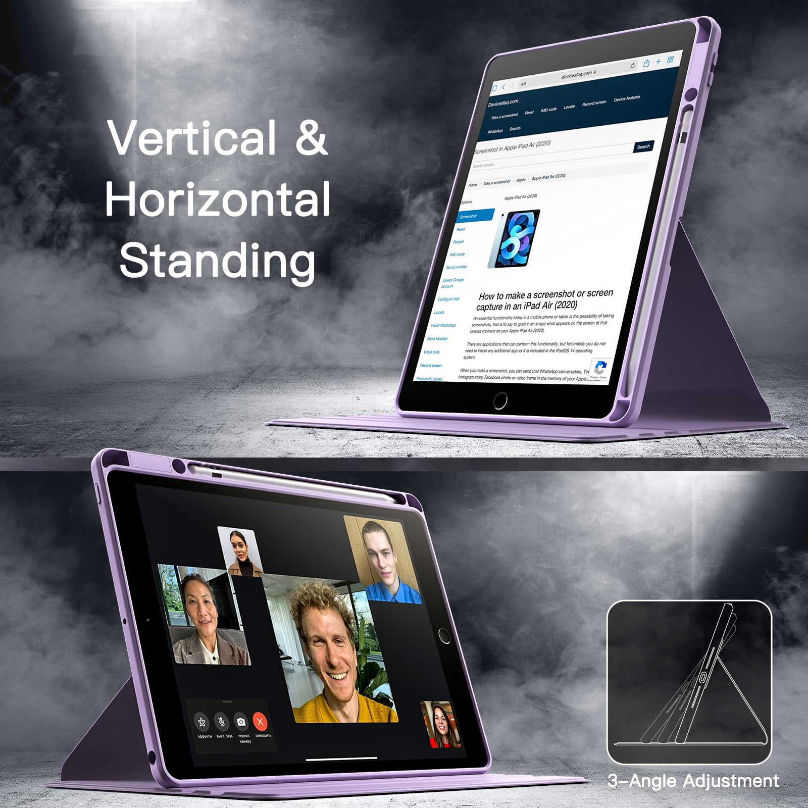 JETech Rotating Case for iPad 9/8/7 (10.2-Inch, 2021/2020/2019 Model, 9th/8th/7th Generation) with Pencil Holder, 360 Degree Rotation Stand Cover Clear Back, Auto Wake/Sleep (Light Purple)