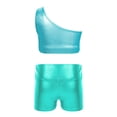 thumbnail image 4 of TSSOE Kids Girls 2-Piece Dance Outfits Hip Hop Jazz Cheer Dance Suits Shiny One Shoulder Crop Top and Booty Short Set Light Blue 4, 4 of 5
