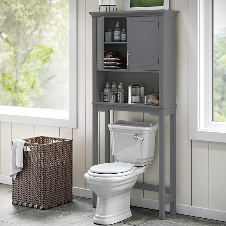 Over The Toilet Storage Cabinet, Double Door Bathroom Organizer w/ Shelf,  Grey