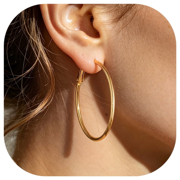 FindChic Medium Hoop Earrings for Women 40mm Gold Plated Hoop Earrings Stainless Steel Hoops Hypoallergenic Lightweight Earring Birthday Graduation Jewelry Gifts for Women/Her/Mom