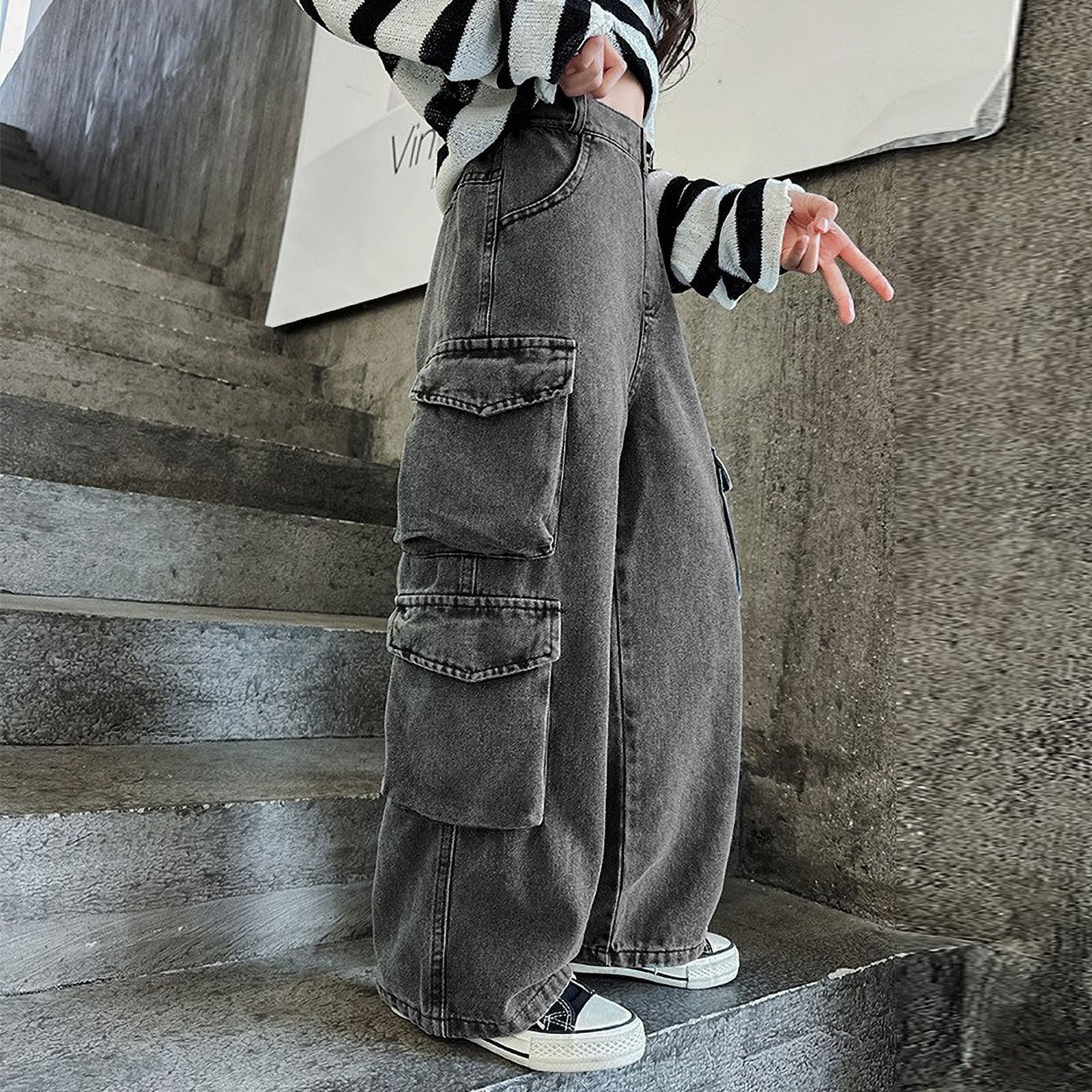 Girl's Flared Jeans Wide Leg Elastic High Waist Vintage Cute Bell Bottom Denim Pants Teenager Y2K School Trouser Teen Girl Jeans No Holes