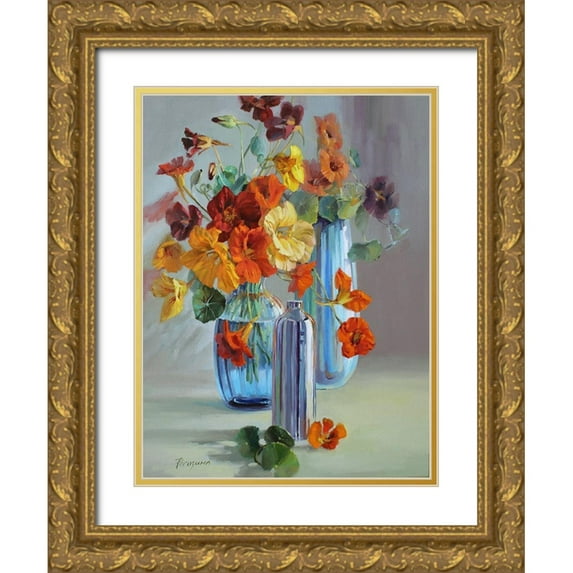 Rogozina, Svetlana 25x32 Gold Ornate Wood Framed with Double Matting Museum Art Print Titled - Flowers in Blue Vases