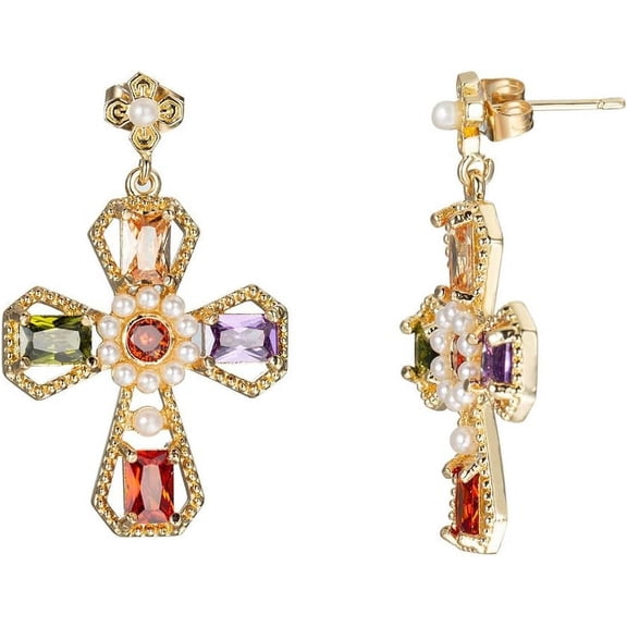 Colorful Crystal Cross Dangle Stud Earrings for Women CZ Rhinestone Pearl Dangling Charm Drop Earrings Statement Studs Boho Fashion Jewelry Gifts