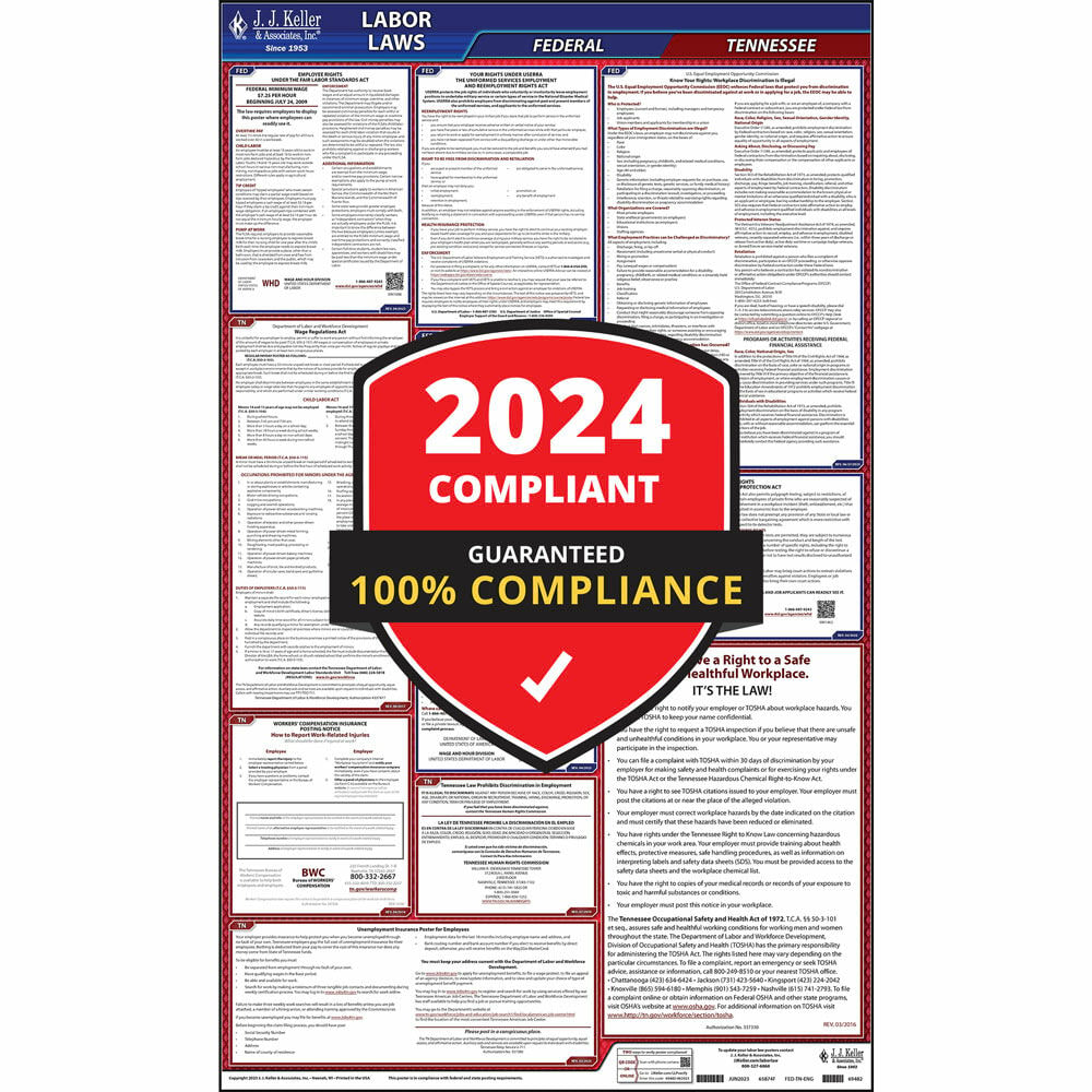 2024 Tennessee and Federal Labor Law Poster (English, TN State) - OSHA Compliant All-in-One Laminated Poster