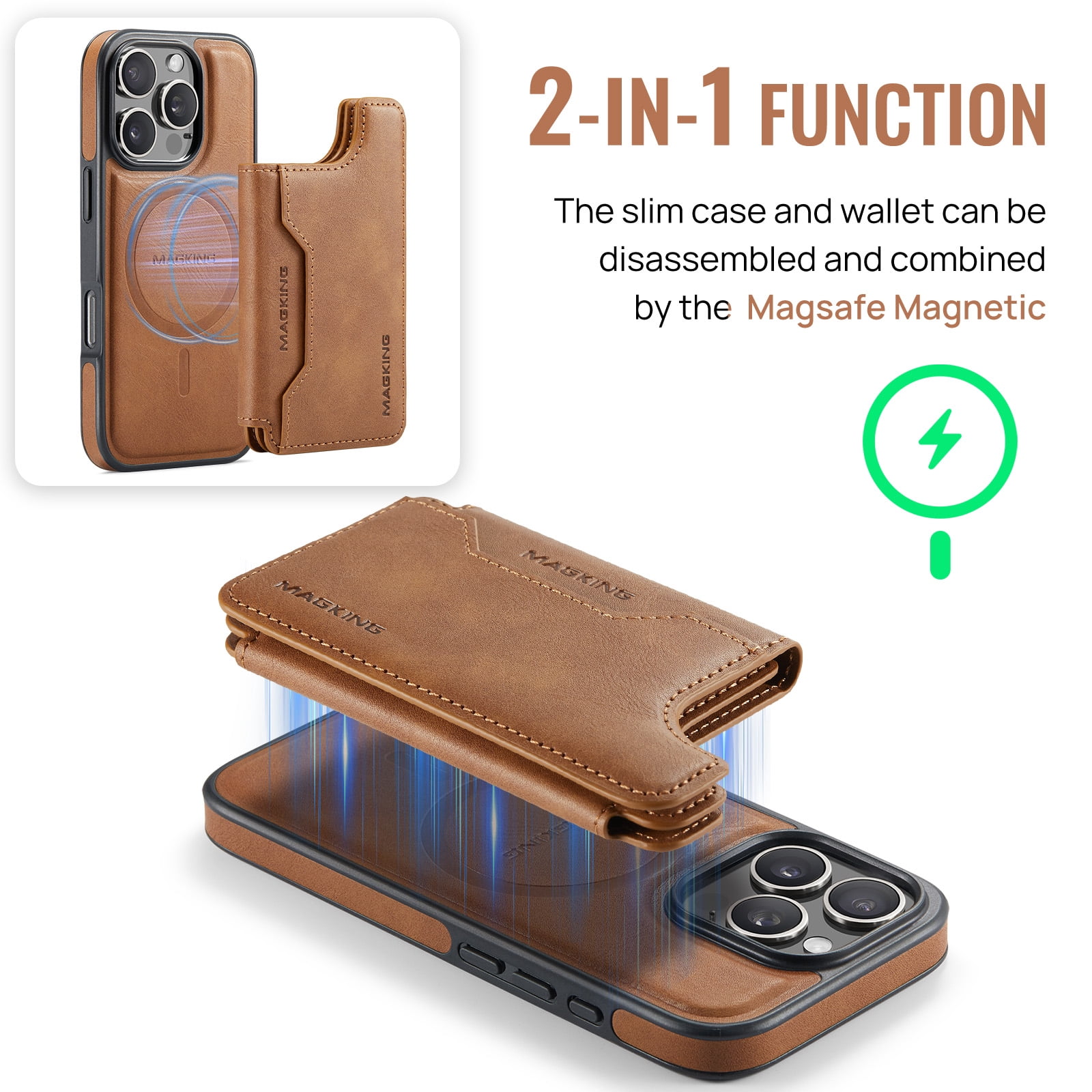 Designed for iPhone 16 Pro Max Wallet Phone Case,Magnetic Detachable Flip Card Holder,Back Flip Kickstand,Compatible with Mag-Safe,2-in-1 PU Leather Heavy Duty Shockproof Phone Case,Brown