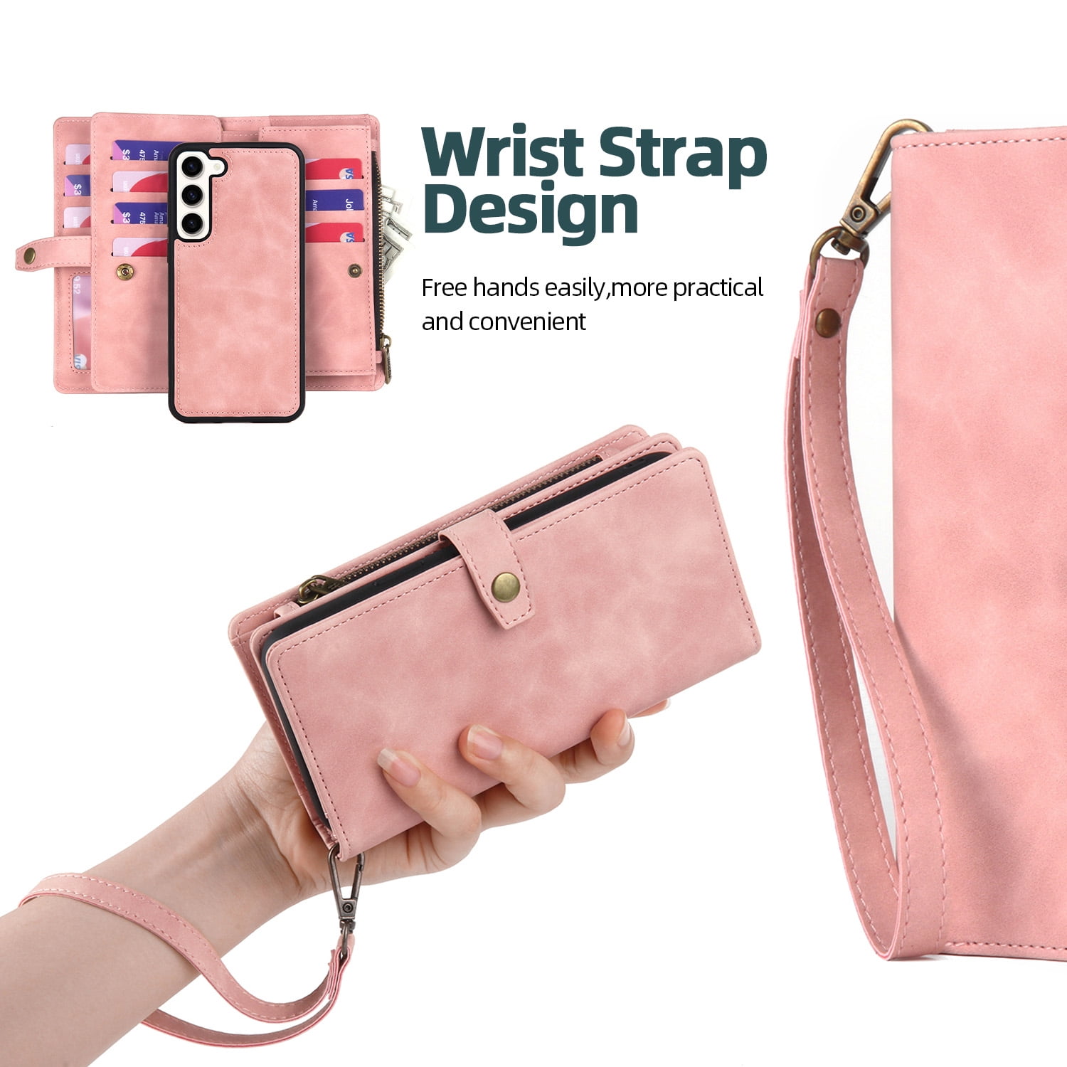 Dteck for Samsung Galaxy S23 FE Case, Samsung S23 FE Case Wallet for Women Men, Durable PU Leather Magnetic Flip Lanyard Strap Wristlet Zipper Card Holder Phone Cases for Galaxy S23 FE 5G,Pink