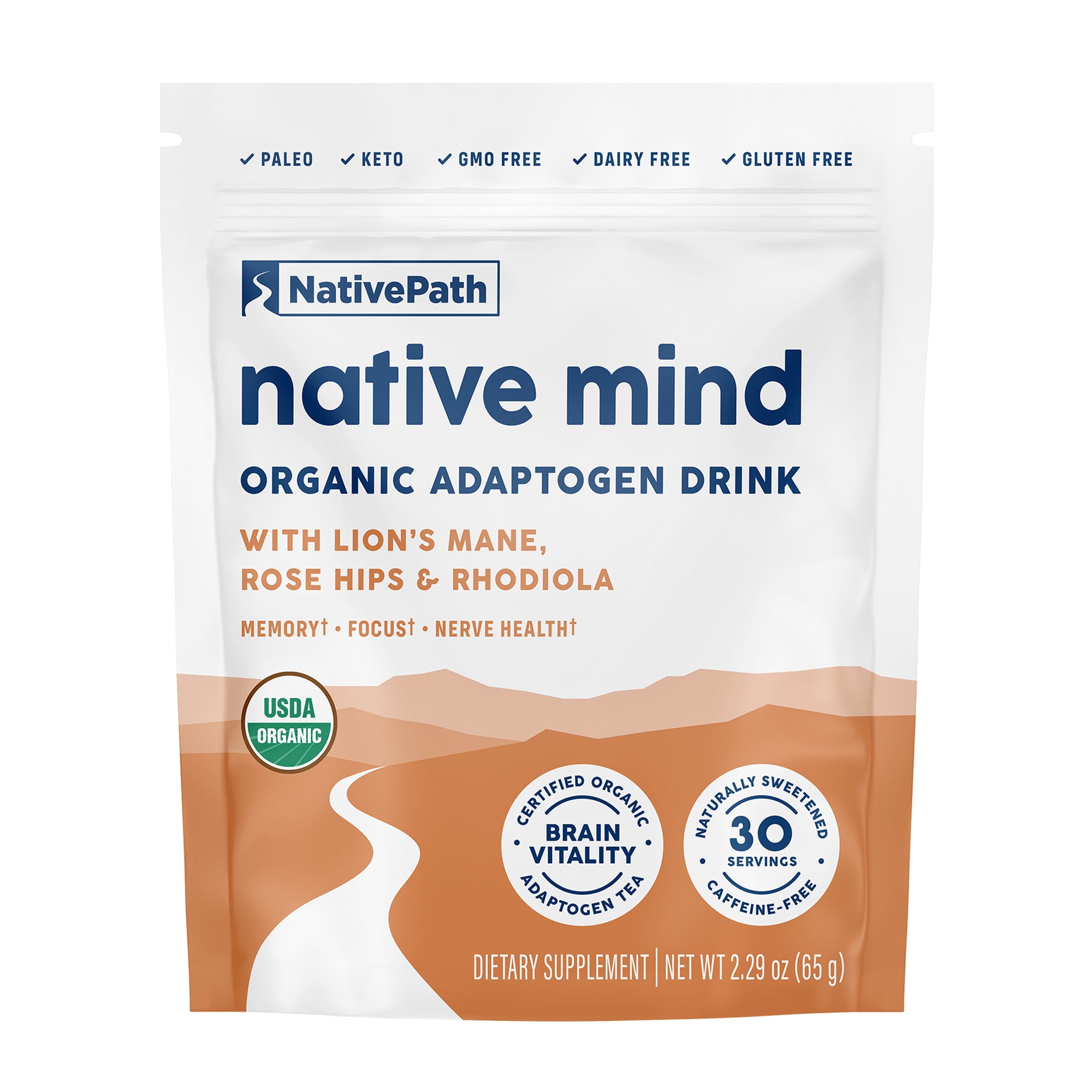 NativePath Mushroom Tea Organic, Lion's Mane with Rhodiola & Cordyceps, Focus & Energy Drink Mix, 30 Servings
