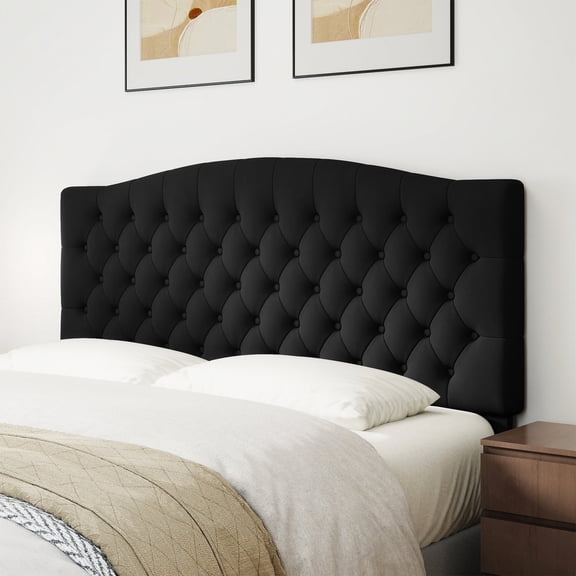 Queen Headboard Wall Mount & Bed Frame Compatible, Velvet Upholstered Button Tufted, Black