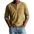 thumbnail image 2 of Feancey Vintage Henley Shirts for Men Long Sleeve Button V Neck T-Shirts Solid Color Washed Imitation Denim Shirt Big and Tall Cool Streetwear Tee Shirts Khaki M, 2 of 6