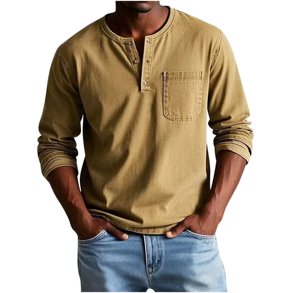 ZACPNCV Mens Henley Shirts Long Sleeve Button Cotton T-Shirt with Pocket