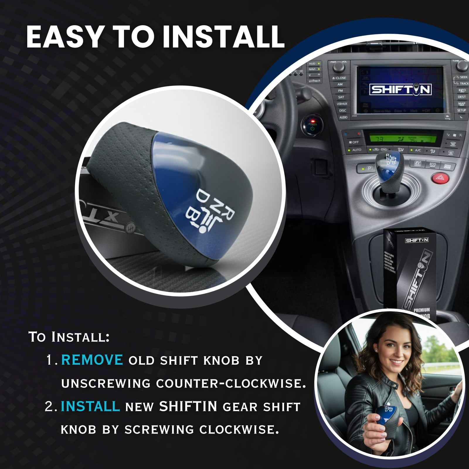 SHIFTIN Big Black Leather & Blue Gear Shift Knob for Toyota Prius Plug-in Hybrid Plug-in