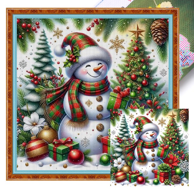 Kit Punto Cruz Con Muñeco Nieve Hilo Algodón Ecológico Bordado 11CT 50x50cm