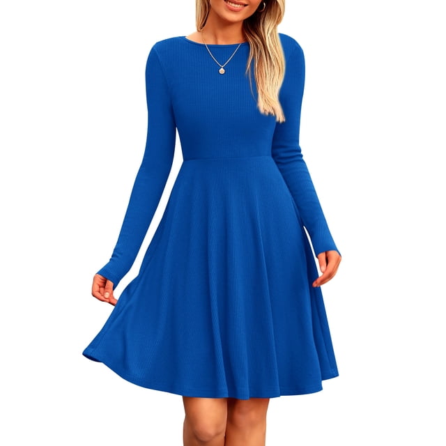 Vestido PRETTYGARDEN de Punto Acanalado Manga Larga Línea A Azul Talla M