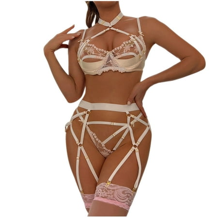 

Hesxuno Lingerie for Women for Sex Women Exquisite Mesh Embroidery Lingerie Bra+Garter+Briefs Set Babydoll Cut-Out Sleepwear