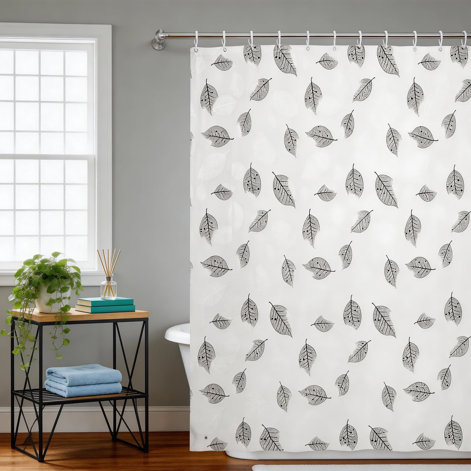 Unique Bargains Leaf Shower Curtain 70.87x70.87 White Light Gray Set for Bathroom